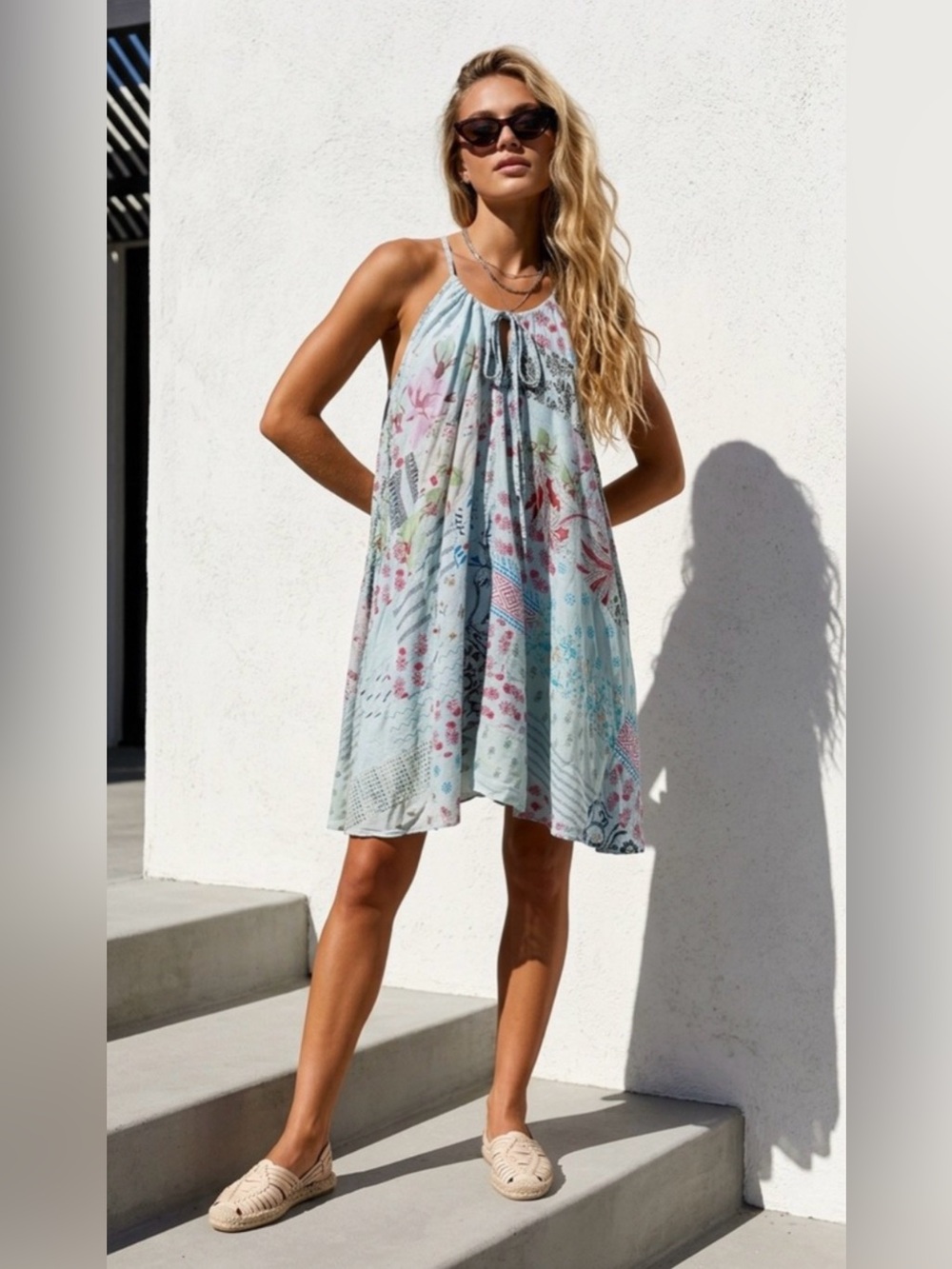 Jaded Gypsy Patchwork Dress Blue Floral Tie Festival Boho NWT S/M